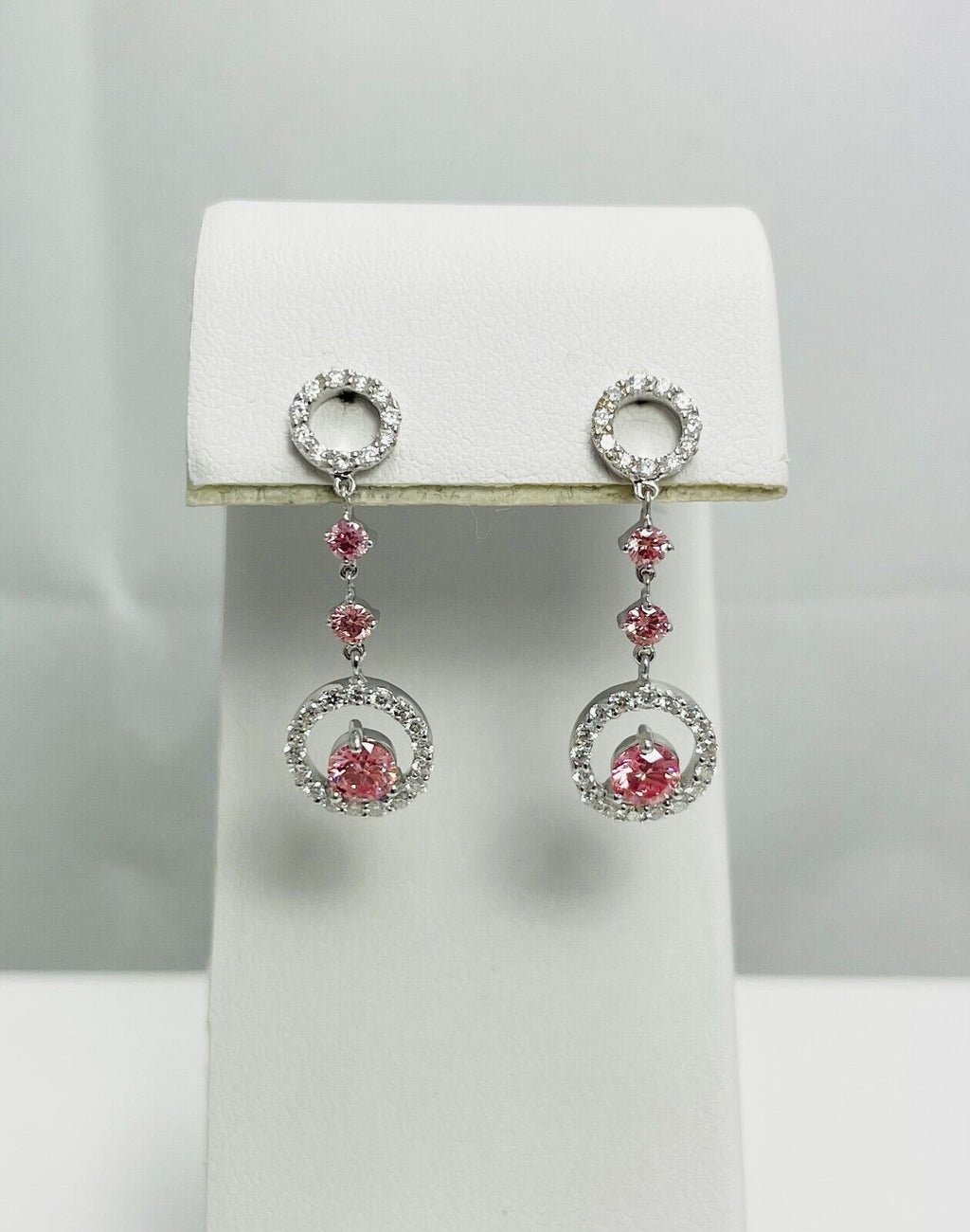 New! 1ctw Pink & White LAB Grown Chatham Diamond 14k Gold Dangle Earrings