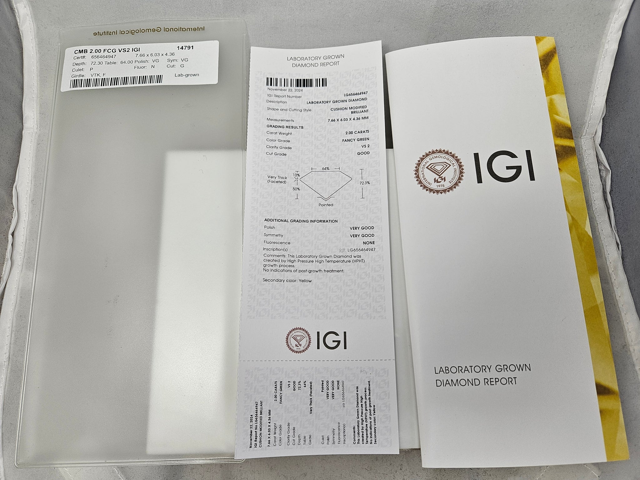 NEW IGI Certified 2.00ct Lab Grown Cushion Modified Brilliant Fancy Green Diamond VS2