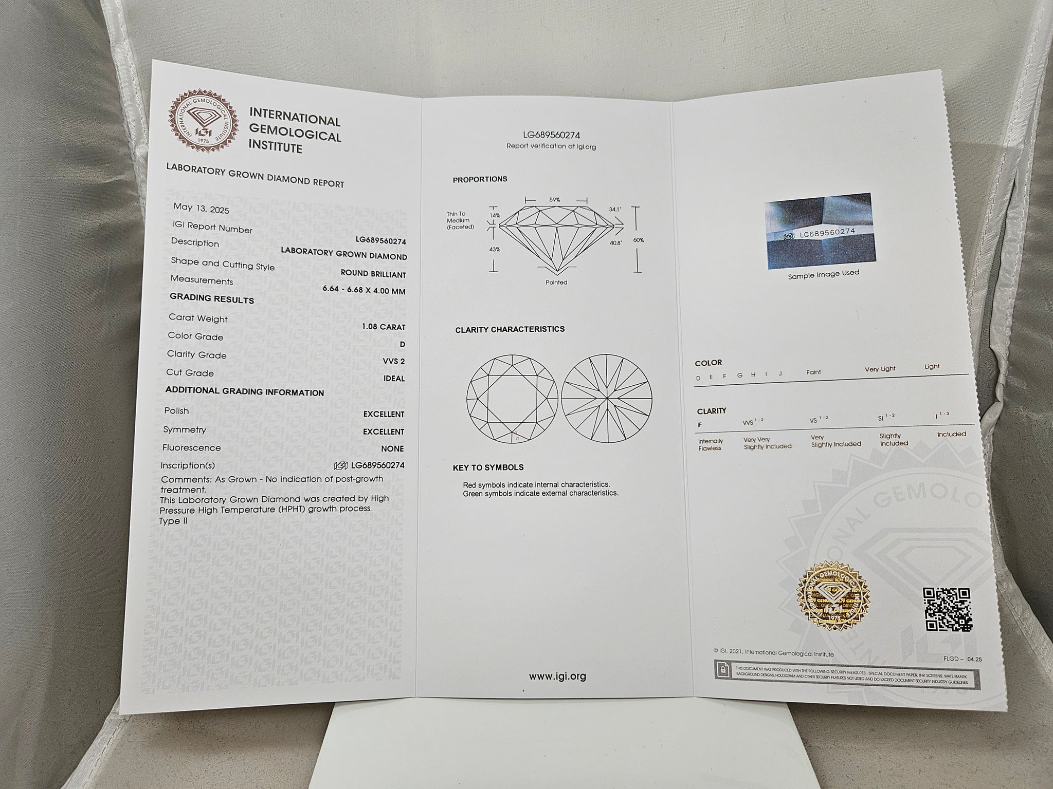 NEW IGI Certified 1.08ct Round Lab Grown Loose Diamond VVS2-D