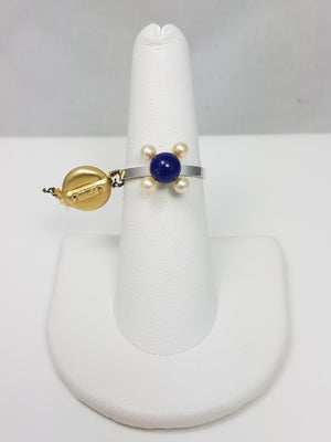 1970s New Old Stock! 18k White Gold French Sobe Lapis Pearl Ring