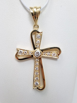 Very Fine Natural Diamond 14k Yellow Gold Cross Pendant