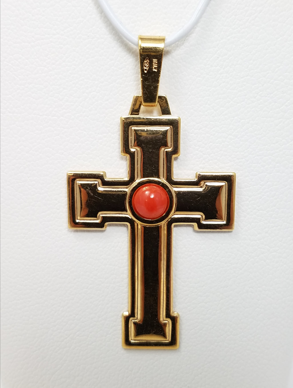 14k Solid Yellow Gold Natural Coral Cross Pendant