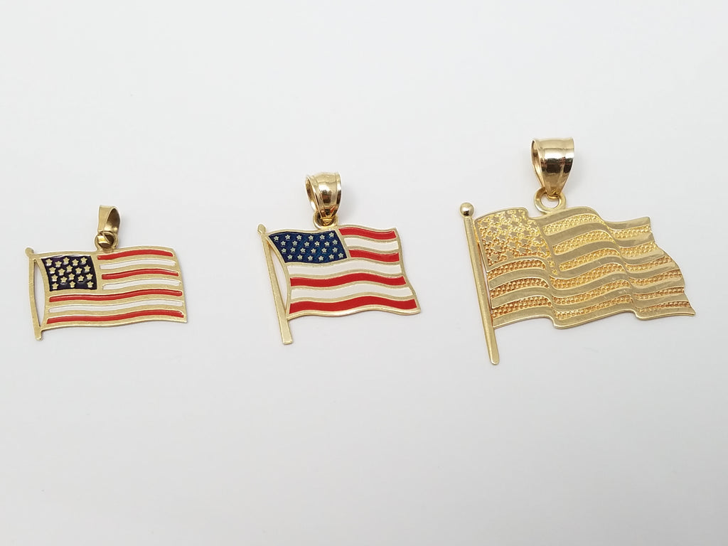 Three 10k & 14k Gold American Flag Pendant Lot
