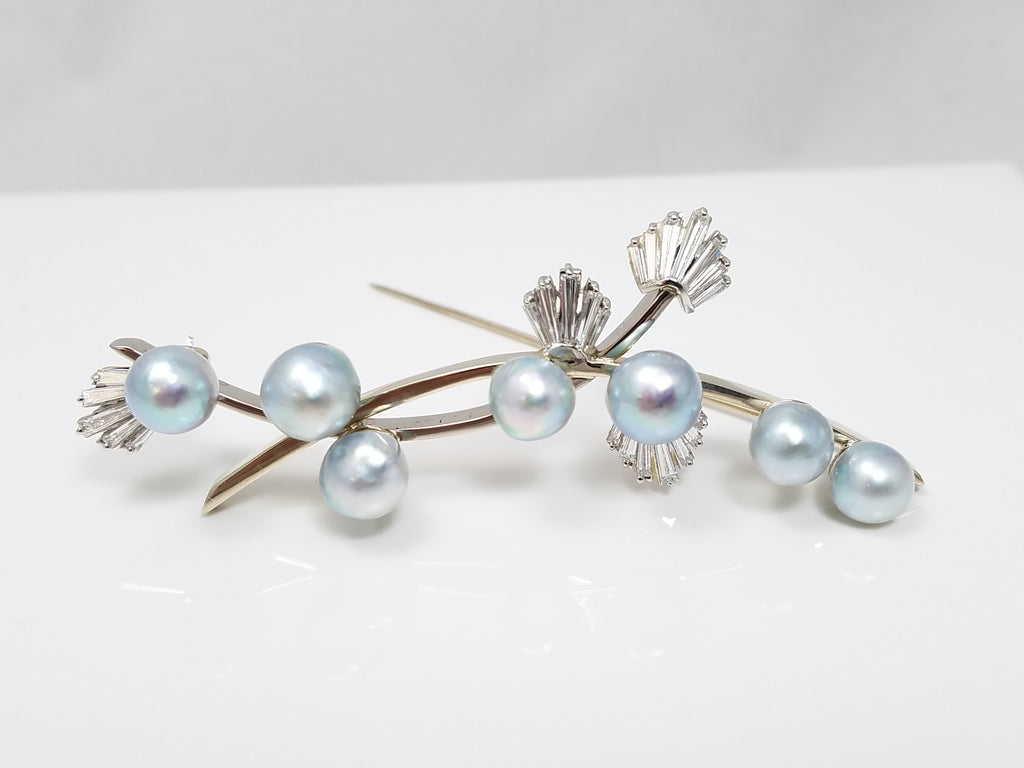 Large Vintage 14k White Gold Natural Diamond Cultured Pearl Brooch