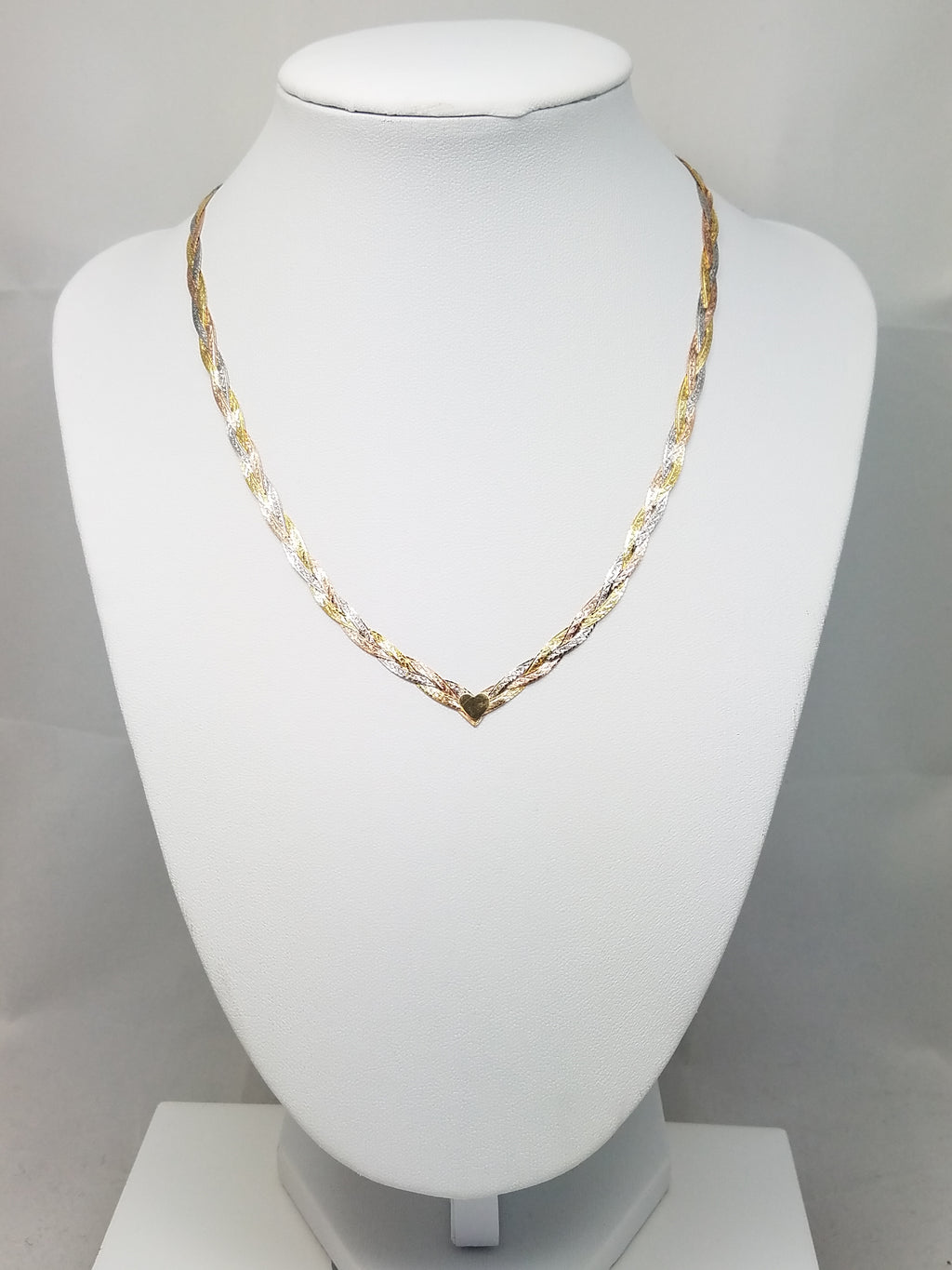 16" 14k Solid Tri-Color Gold Braided Chevron Necklace Italy