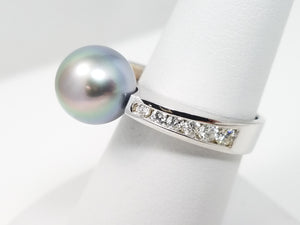 Vogue Modern 14k White Gold 10.5mm Tahitian Pearl Natural Diamond Ring