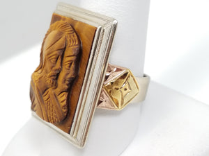 Large Vintage 10k Tricolor Gold Tiger Eye Cameo Ring