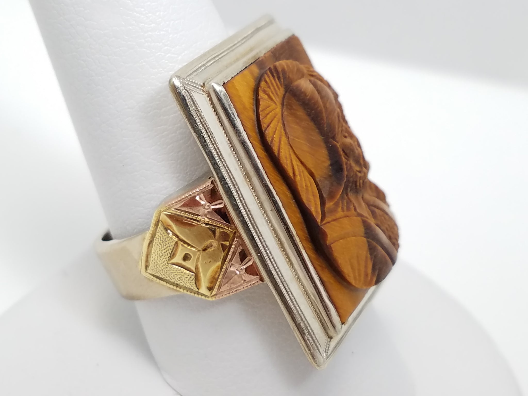 Large Vintage 10k Tricolor Gold Tiger Eye Cameo Ring