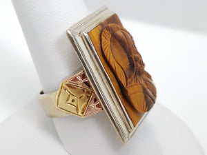 Large Vintage 10k Tricolor Gold Tiger Eye Cameo Ring