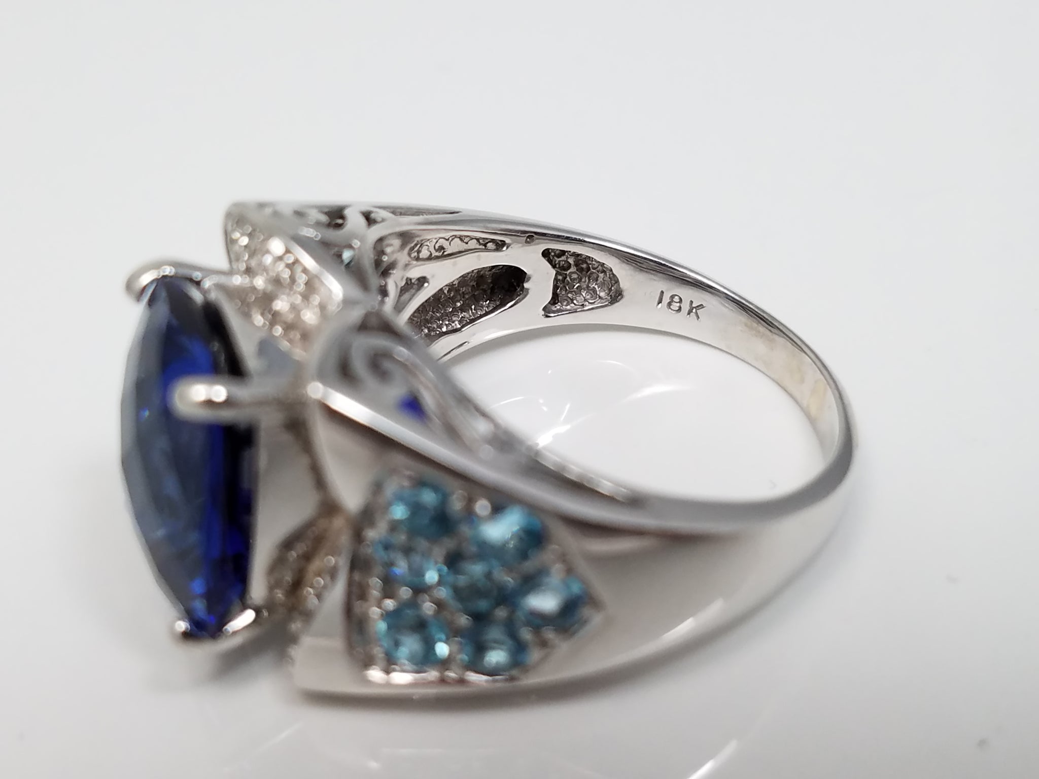 *Store Closing* New! Ornate Synthetic Sapphire Topaz + Diamond 18k White Gold Ring