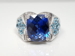 *Store Closing* New! Ornate Synthetic Sapphire Topaz + Diamond 18k White Gold Ring