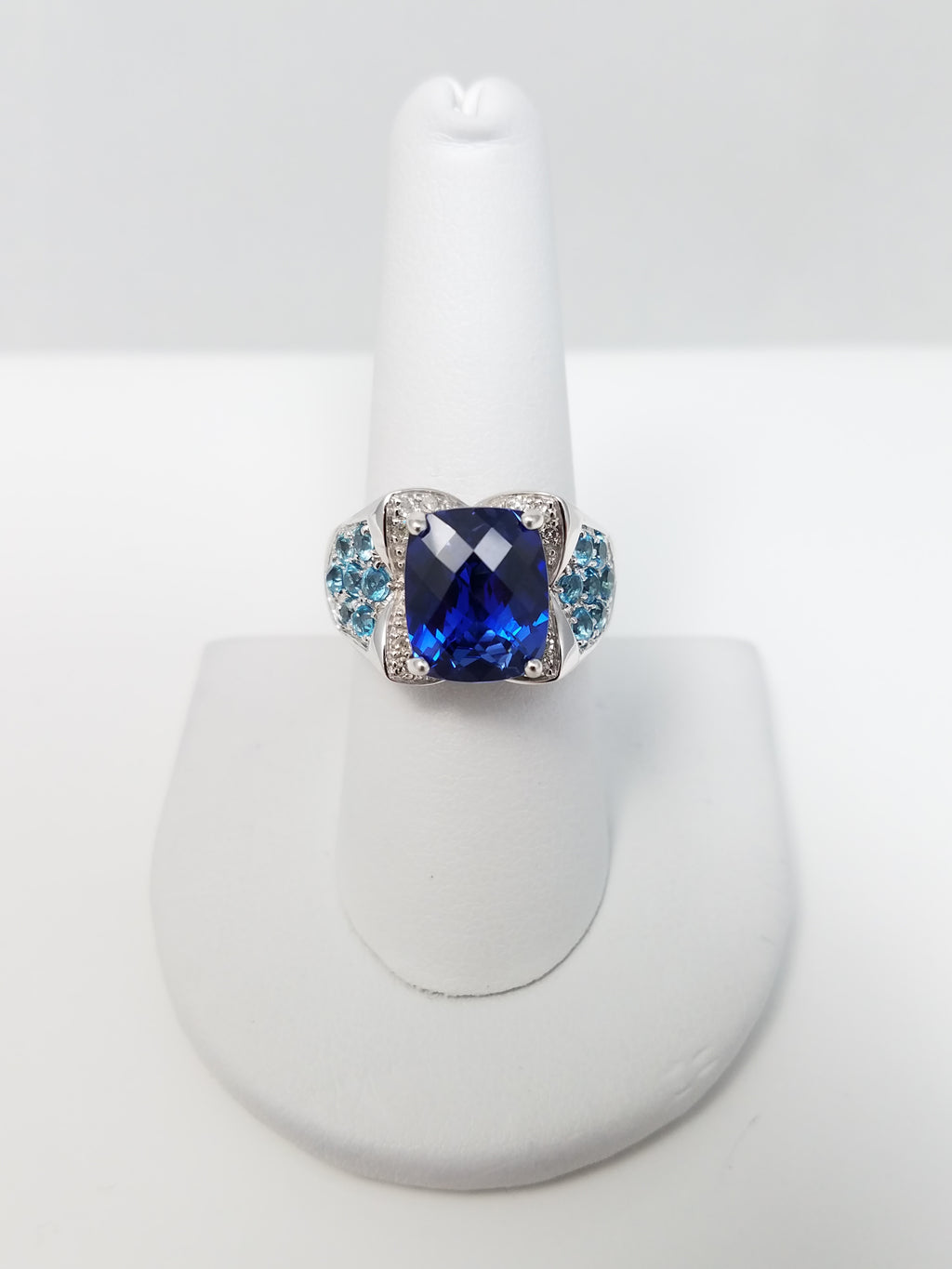 *Store Closing* New! Ornate Synthetic Sapphire Topaz + Diamond 18k White Gold Ring