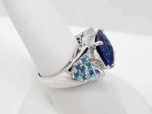 *Store Closing* New! Ornate Synthetic Sapphire Topaz + Diamond 18k White Gold Ring