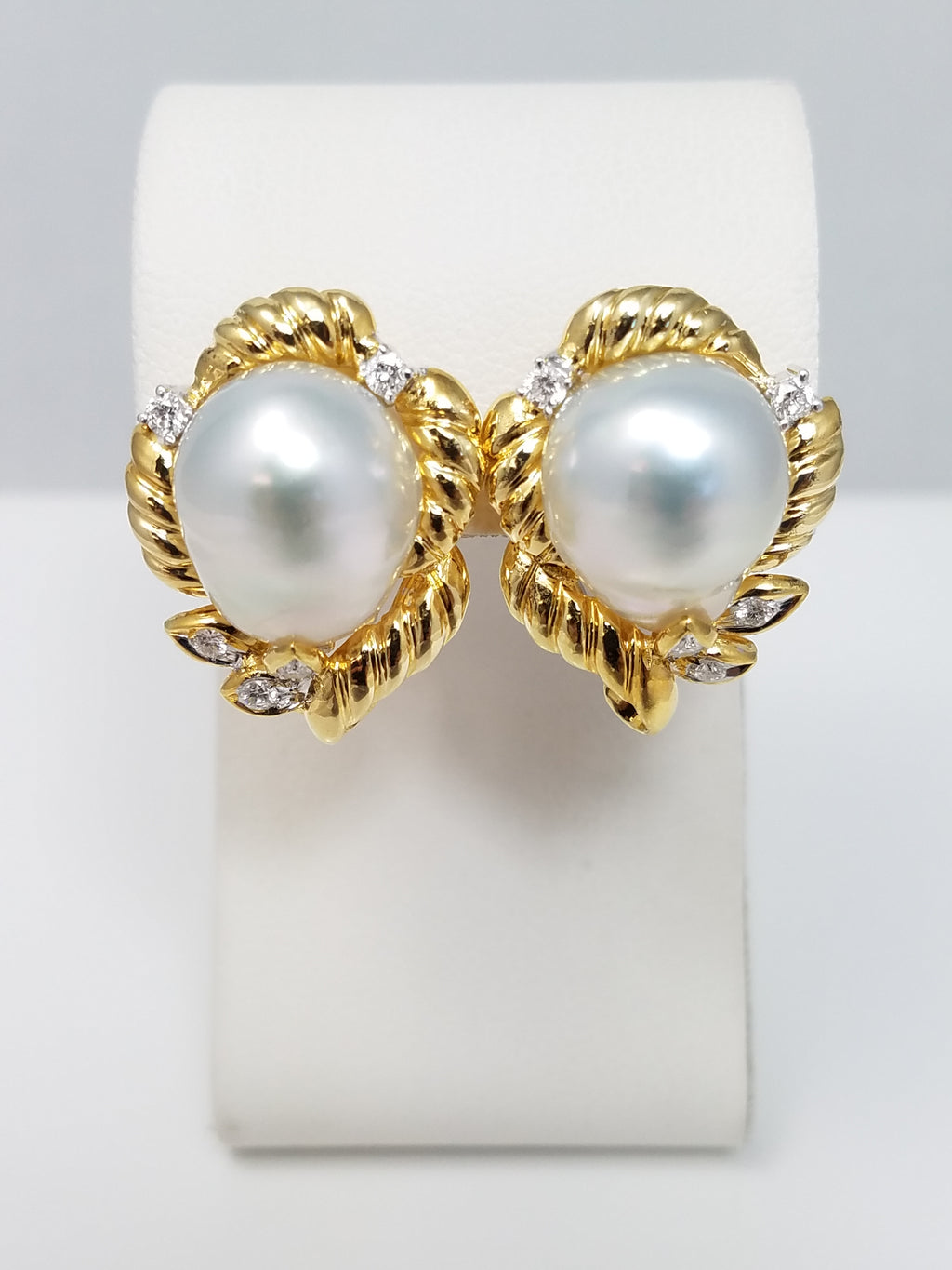 Superior 18k Yellow Gold Natural Cultured Pearl Diamond Custom Earrings