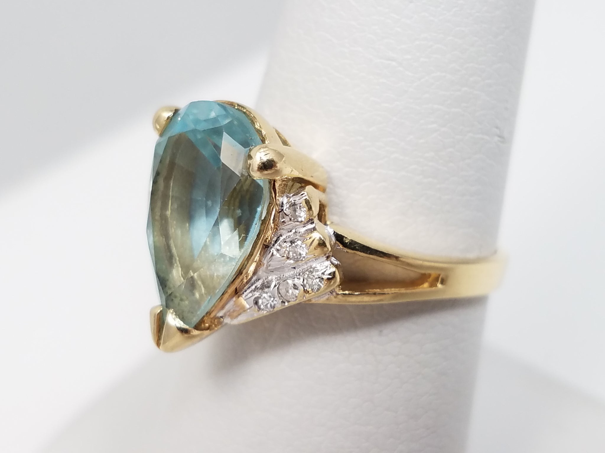 Whimsical Natural Blue Topaz & Natural Diamond 14k Yellow Gold Ring