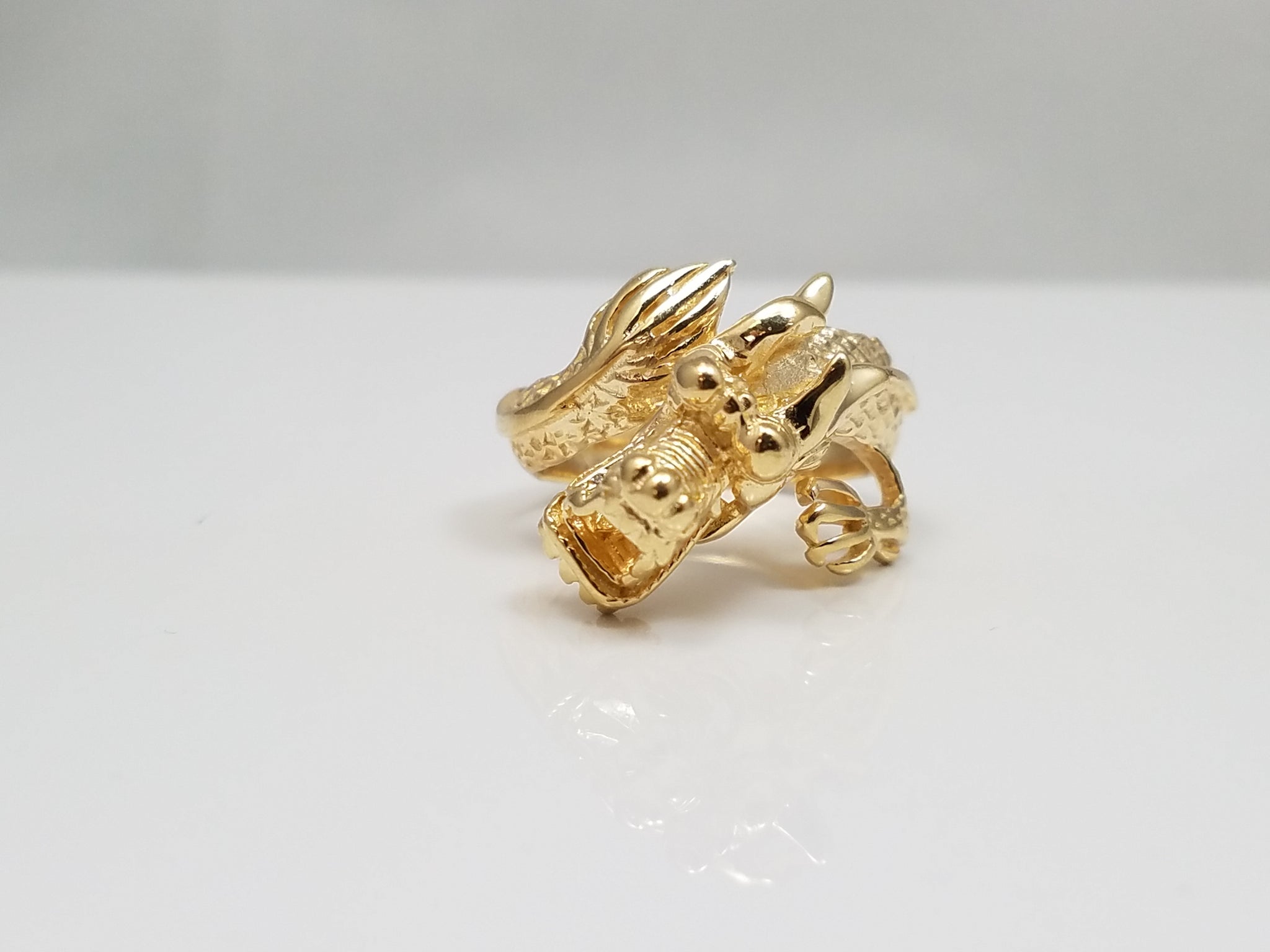 Dazzling Solid 14k Yellow Gold 3D Dragon Ring