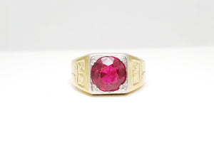 Men's Early 1900's Arts & Crafts Platinum & 15k Yellow Gold Synthetic Ruby Ring