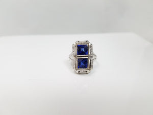 Art Deco Synthetic Sapphire + Diamond 18k White Gold Ring