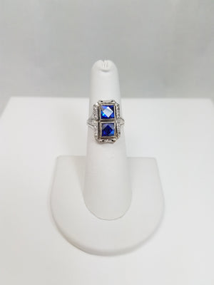 Art Deco Synthetic Sapphire + Diamond 18k White Gold Ring