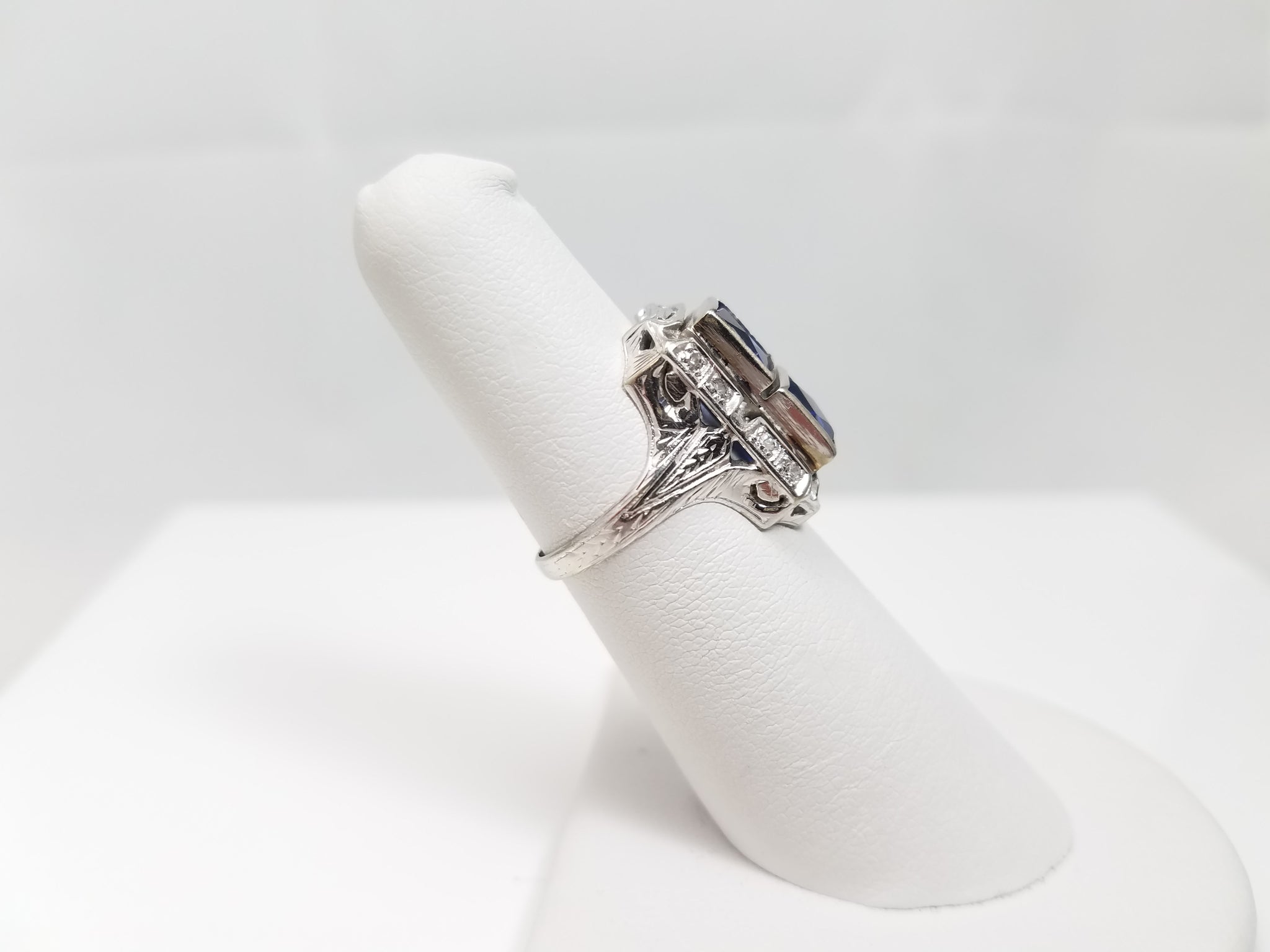 Art Deco Synthetic Sapphire + Diamond 18k White Gold Ring