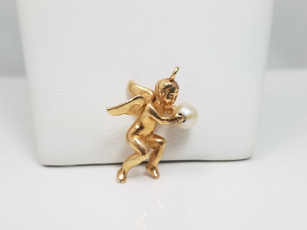 Cute 14k Yellow Gold Solid 3D Cherub Cultured Pearl Pendant