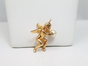 Cute 14k Yellow Gold Solid 3D Cherub Cultured Pearl Pendant