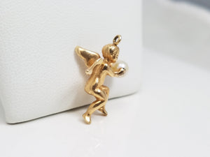 Cute 14k Yellow Gold Solid 3D Cherub Cultured Pearl Pendant