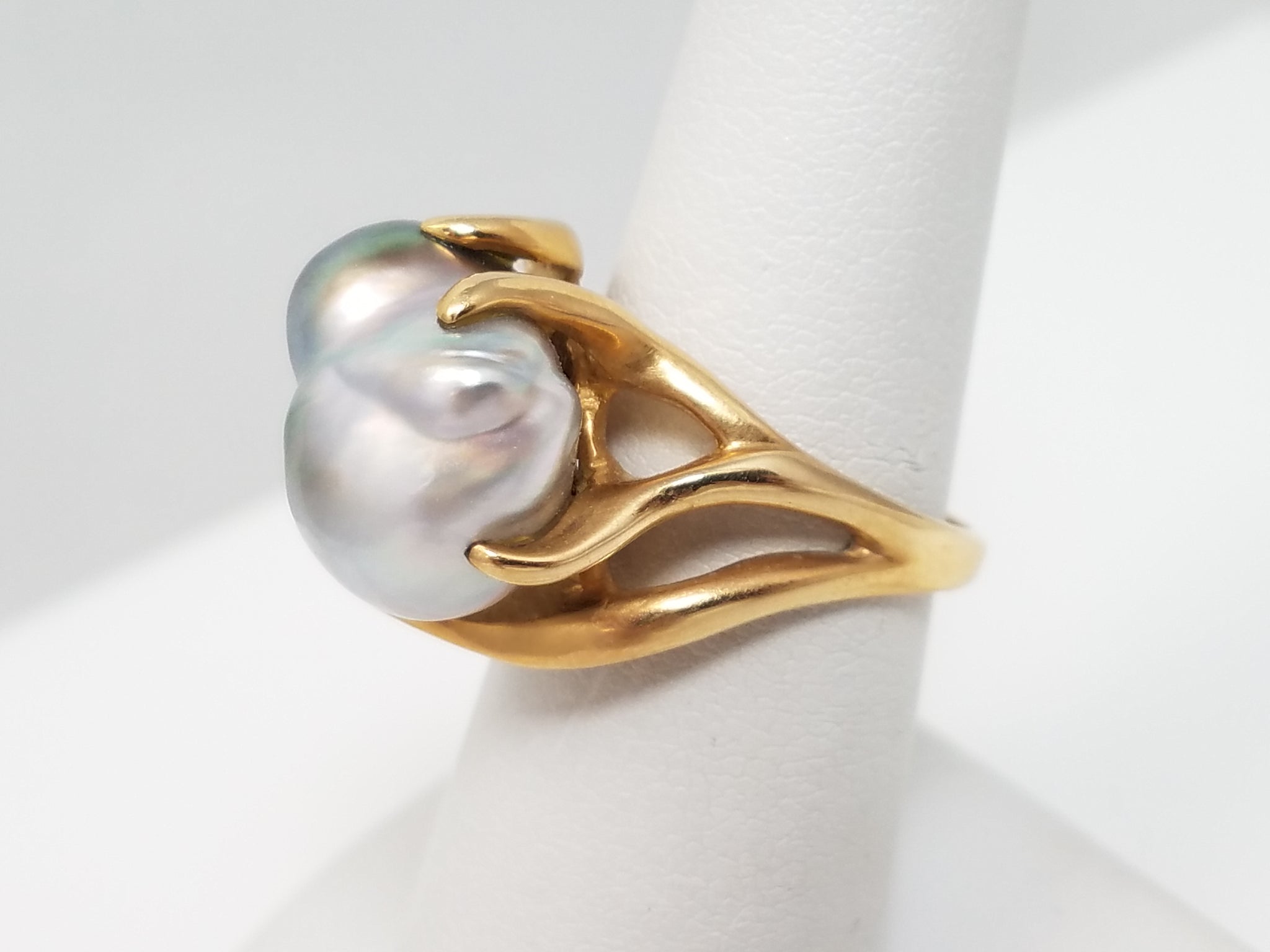 Custom 14k Yellow Gold Natural Baroque Cultured Pearl Ring