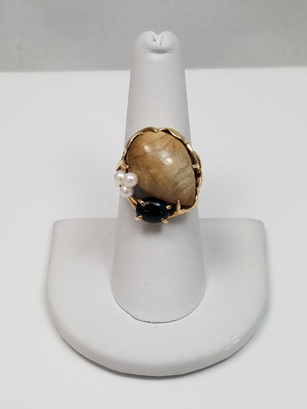 Vintage Natural Gold, Black Coral, & Cultured Pearl 14k Yellow Gold Ring