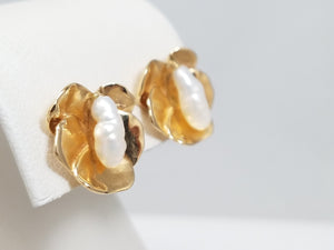 Estate Find 14k Yellow Gold Hand Made Freshwater Pearl Artisan Earrings