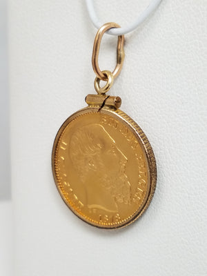 1878 Belgium Gold 20 Francs Framed Coin Pendant