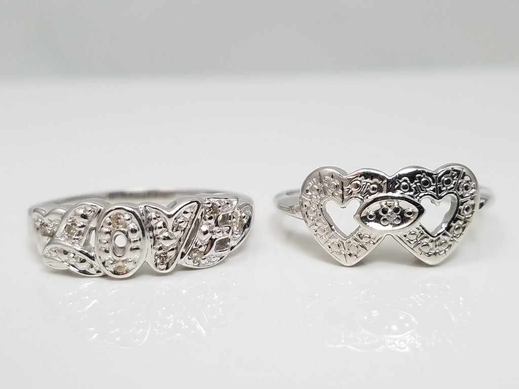 Two 10k White Gold Natural Diamond Love & Heart Ring Lot