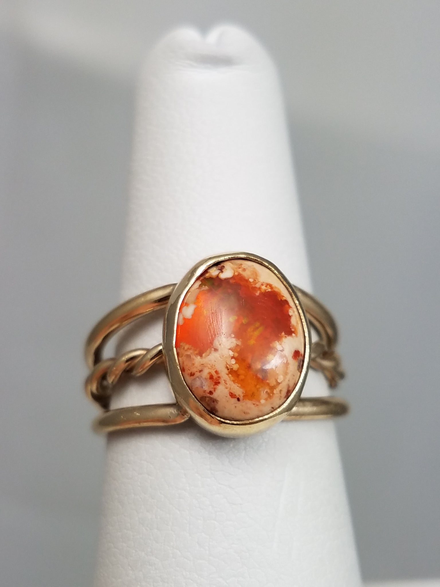 Cool Vintage Hand Made 12k Yellow Gold Natural Mexican Fire Opal Ring