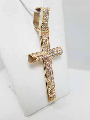 Divine 14k Yellow Gold Natural Diamond 3D Hollow Cross Pendant