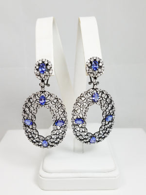 Exquisite 18k White Gold Natural Tanzanite Diamond Long Dangle Earrings