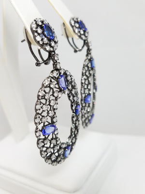 Exquisite 18k White Gold Natural Tanzanite Diamond Long Dangle Earrings