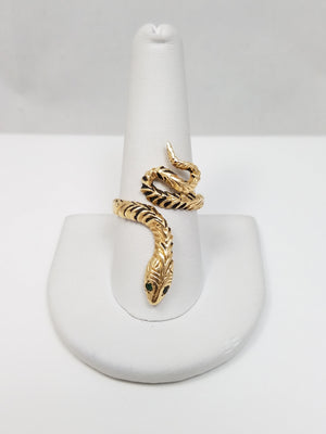 Exotic Vintage 14k Yellow Gold Natural Emerald Enamel Snake Ring