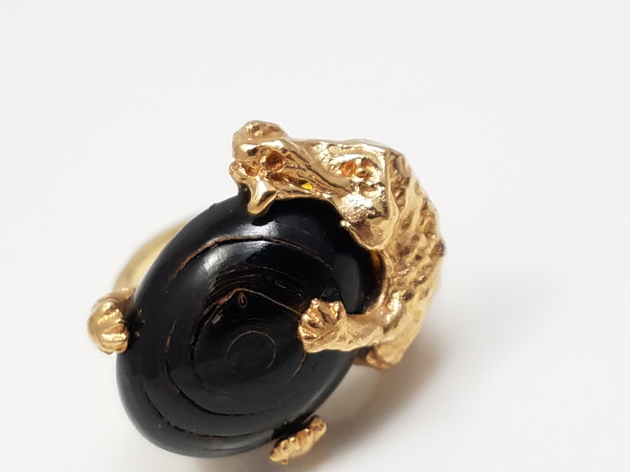 Gorgeous Hand Made 14k Yellow Gold Natural Black Coral Dragon Ring