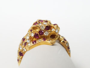 Ferocious 18k Yellow Gold Natural Ruby Diamond Leopard Ring