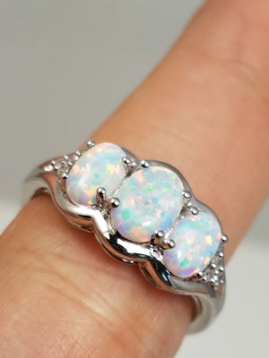 New Lab Created Opal Trio 10k White Gold Ring