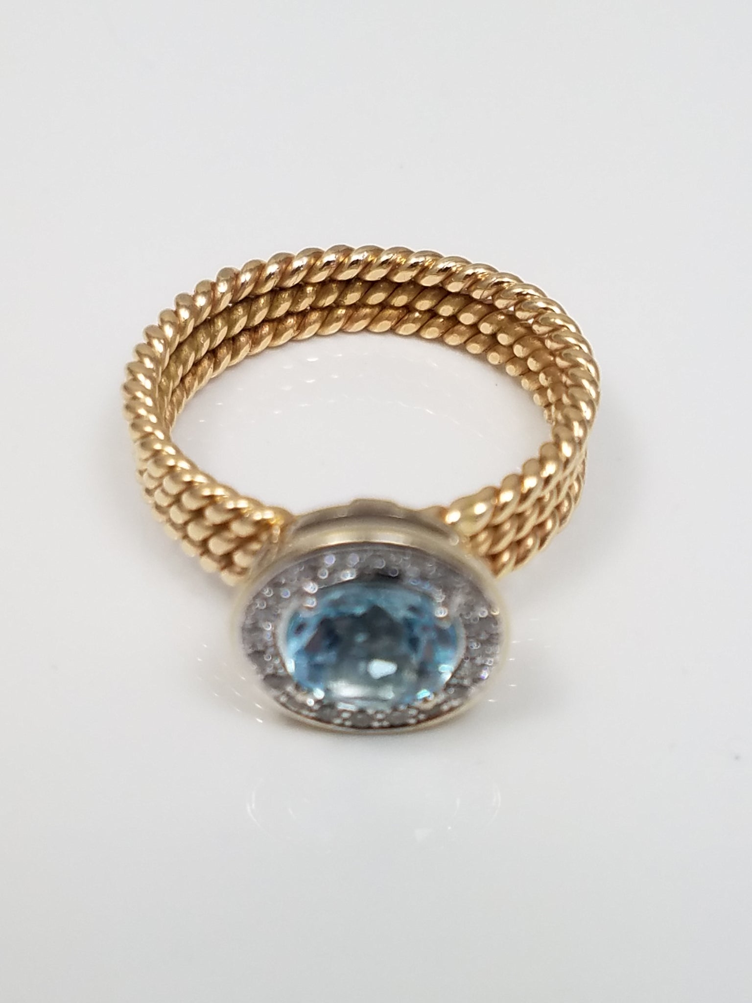 Sexy 14k Yellow Gold Natural Blue Topaz Diamond Custom Rope Ring