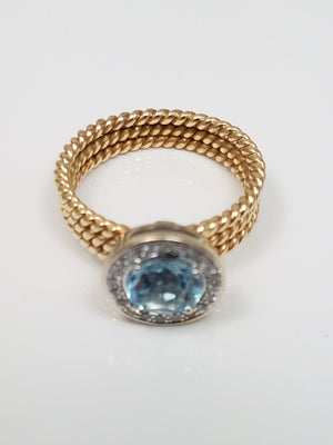 Sexy 14k Yellow Gold Natural Blue Topaz Diamond Custom Rope Ring