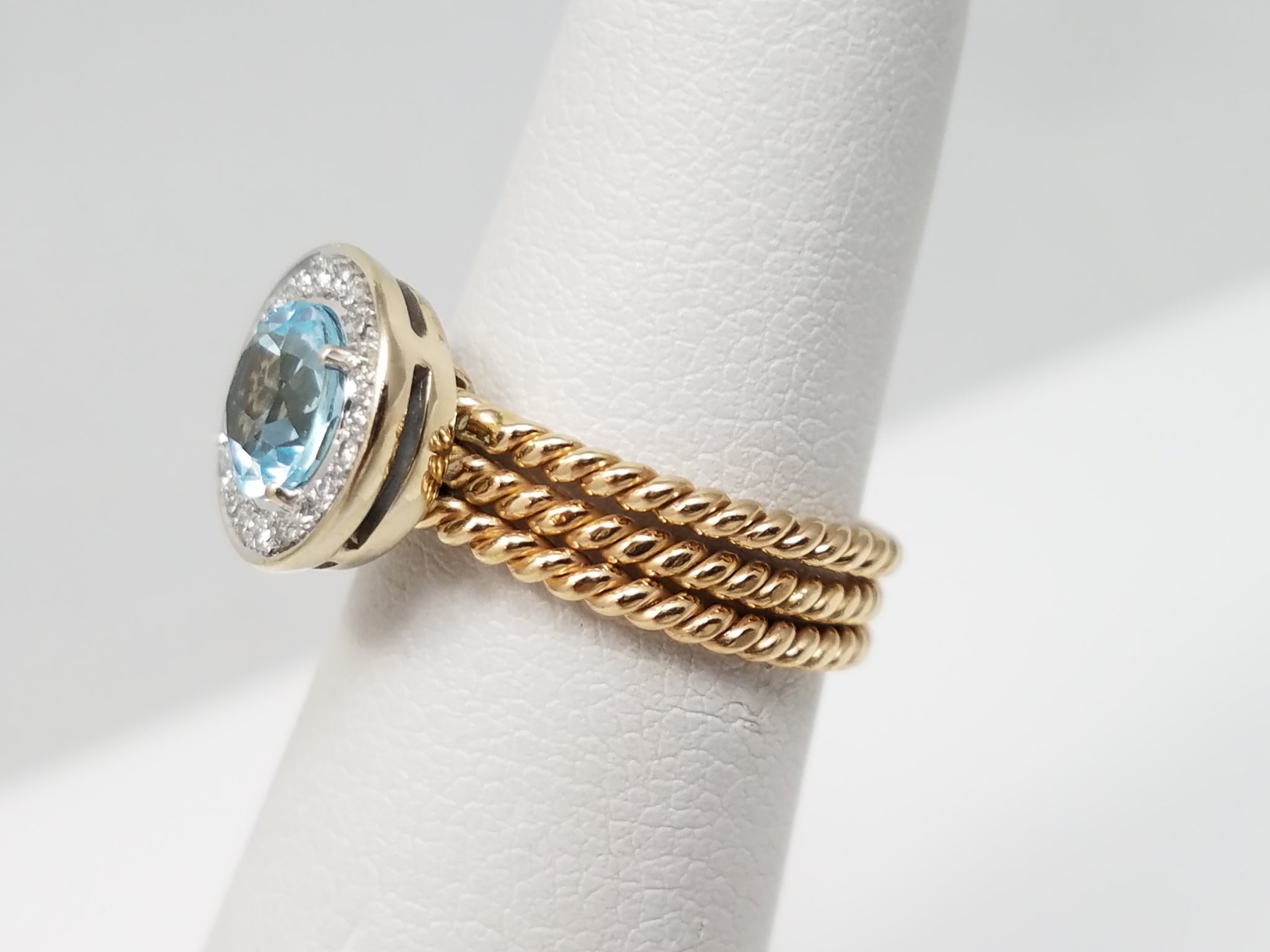 Sexy 14k Yellow Gold Natural Blue Topaz Diamond Custom Rope Ring