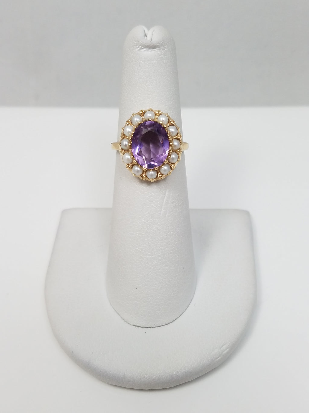 Vintage Natural Amethyst + Pearl 14k Yellow Gold Halo Ring