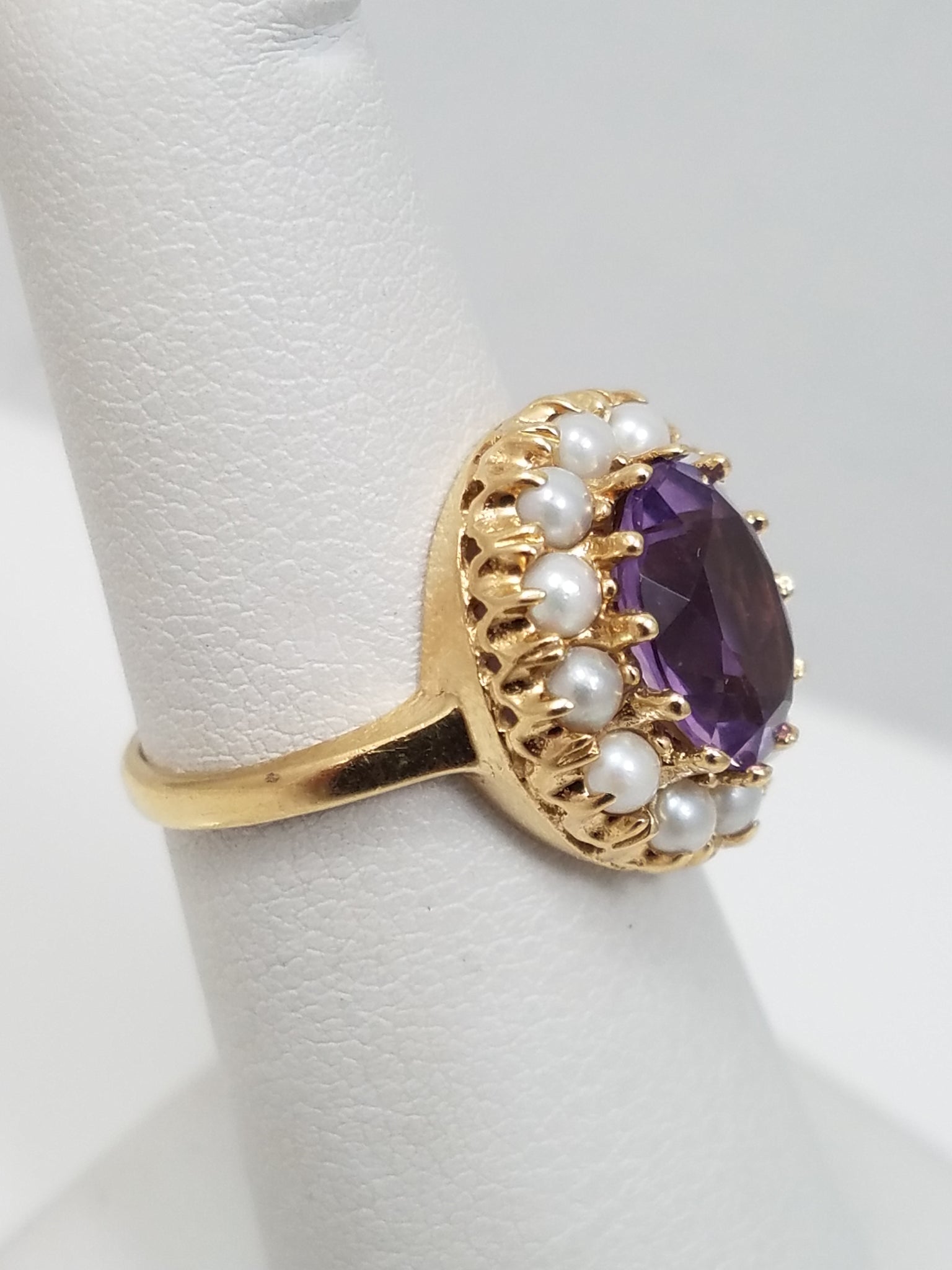 Vintage Natural Amethyst + Pearl 14k Yellow Gold Halo Ring