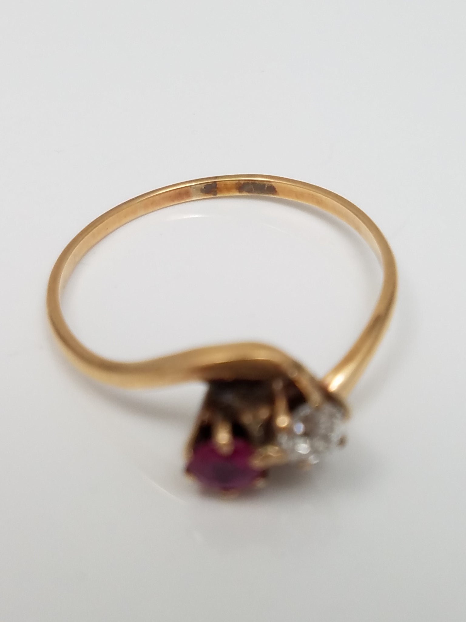 Petite 12k Yellow Gold Natural Ruby Diamond Toi Et Moi Ring