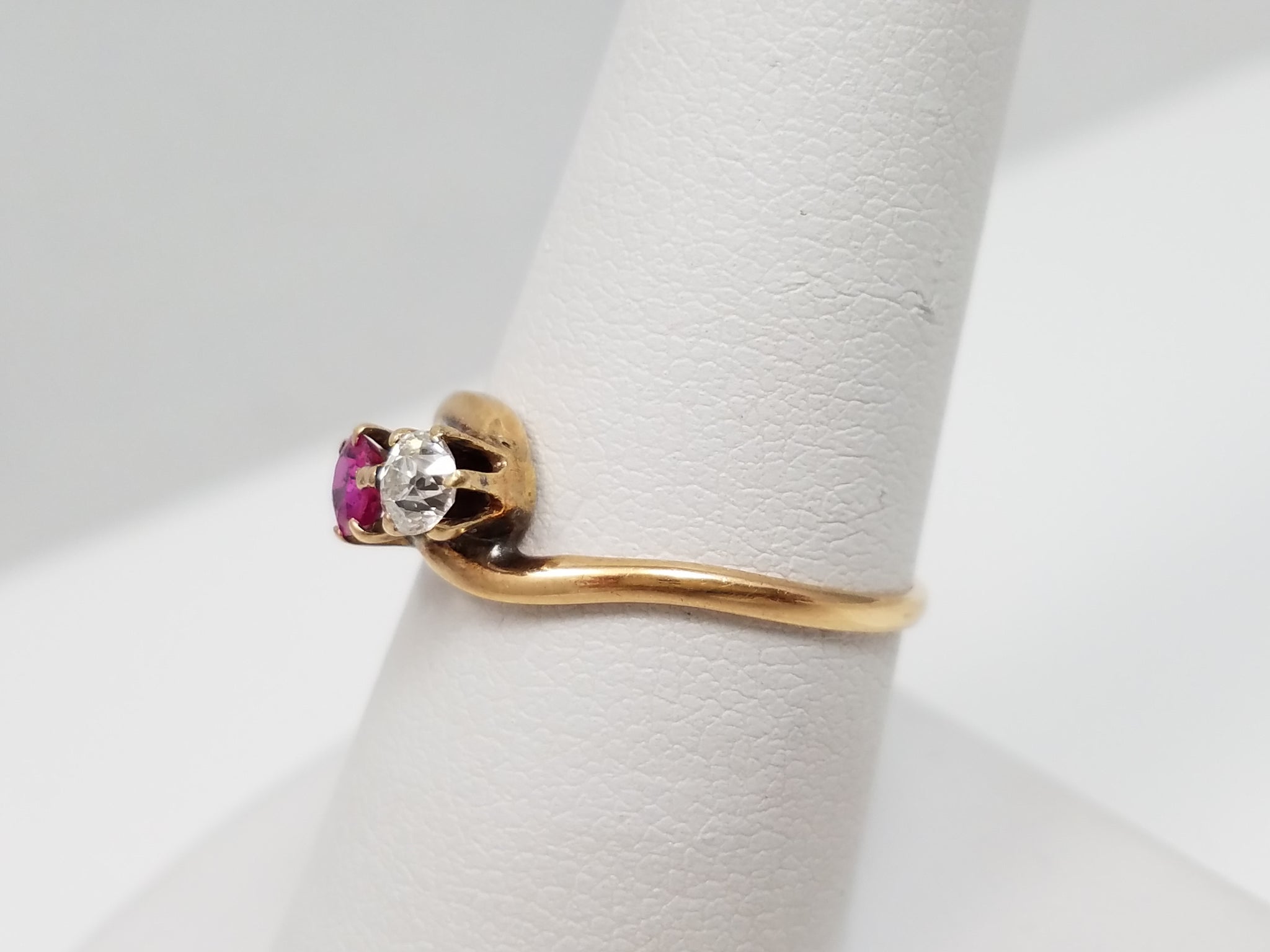 Petite 12k Yellow Gold Natural Ruby Diamond Toi Et Moi Ring