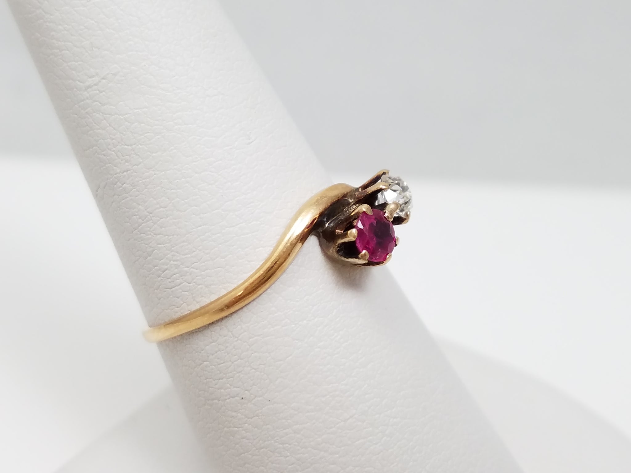 Petite 12k Yellow Gold Natural Ruby Diamond Toi Et Moi Ring