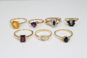 Seven 10k Yellow Gold Natural Gemstone Diamond Ring Lot