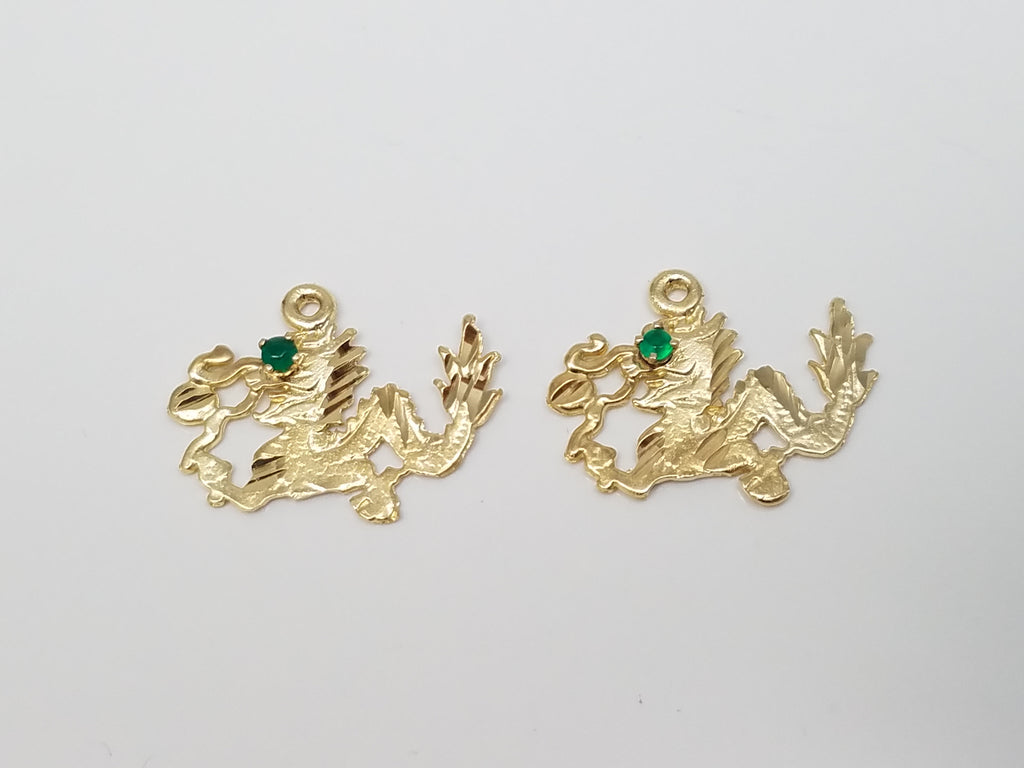 Two NEW 14k Yellow Gold Green Onyx Dragon Charms/Pendants